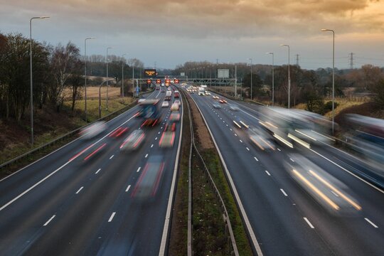 Fast moving traffic on the M42 near Birmingham, UK.