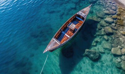 Obraz premium a small boat tied to the shore of a lake with clear blue water and rocks in the water and a rocky shore line behind it. generative ai