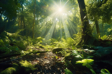 Immerse yourself in a magical forest realm, where rays of sunlight pierce through the dense foliage, illuminating the lush greenery with an ethereal glow.  Generative AI  