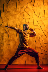Naklejka premium Athletic man in dynamic pose, side profile, wearing yellow short sleeved shirt and red pants, abstract yellow background, vertical. Generative AI
