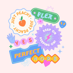 Vector set of cute template with patches and stickers in 90s style.Modern symbols in y2k aesthetic with text.Trendy funky design for banners,social media marketing,branding,packaging,covers