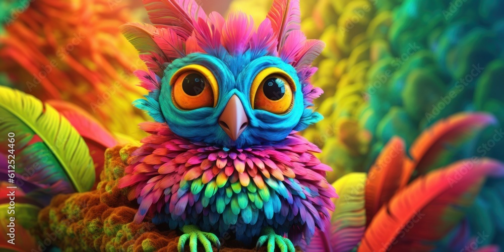 Poster a brightly colored owl sitting on a tree branch. generative ai image.