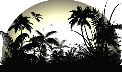  a black and white picture of a full moon and palm trees in the background with a bird flying in the sky above the tree tops.  generative ai