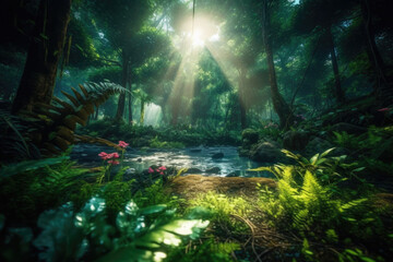 Discover the allure of an enchanting forest, where dappled sunlight dances through the lush green canopy, creating a mystical ambiance. Generative AI  