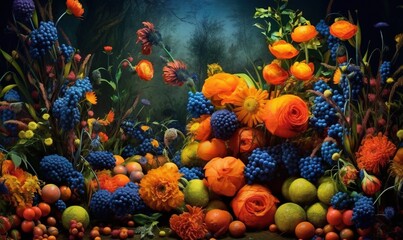 Fototapeta na wymiar a painting of a bunch of flowers and fruit on a table with a dark background and a blue light in the middle of the picture. generative ai