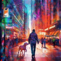 Obraz na płótnie Canvas A man walking a dog down a city street. Generative AI image.