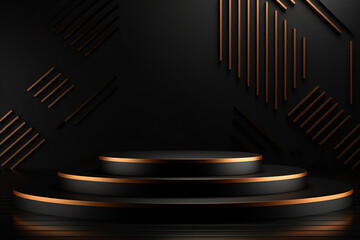 A black podium with gold stripes on a dark background. Generative AI. Beauty product podium with copy space.