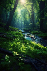 Fototapeta premium Nature's enchantment unfolds in a forest bathed in golden rays, as sunlight filters through the verdant canopy, casting a mesmerizing glow. Generative AI 