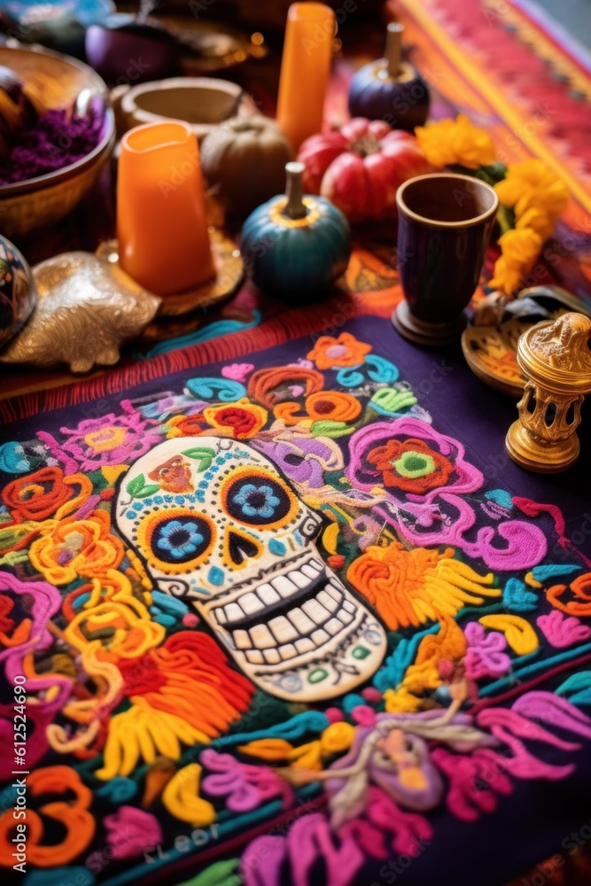 Poster a table topped with a colorful table cloth covered in a sugar skull. generative ai image.