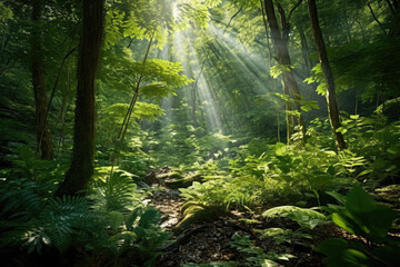 Fototapeta na wymiar Step into an enchanting forest, where sunlight weaves its magic through a lush green canopy, creating a scene of ethereal beauty. Generative AI 