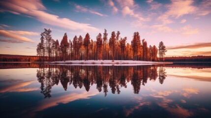 Fototapeta na wymiar A serene lake scene with towering trees, enhancing the reflection and saturation of the colors for a captivating image. Generative AI. 