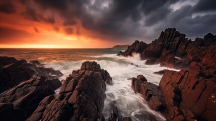 An awe-inspiring image of a stormy sky over a rugged coastline, freezing the moment of nature's fury. Generative AI. 