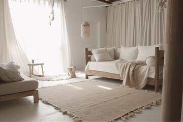 cozy living room with a comfortable couch and a stylish rug. Generative AI