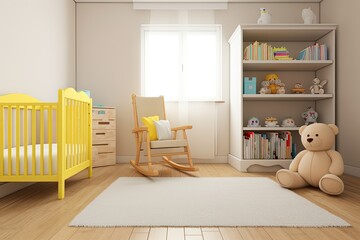 cozy babys room with a yellow rocking chair and a cuddly teddy bear. Generative AI
