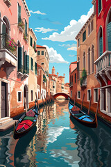 Obraz premium Imaginary cityscapes. A painting of a canal with gondola boats in it. Generative AI.