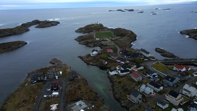 Regular drone footage over the Henningsvaer village in Lofoten archipelago, Norway
