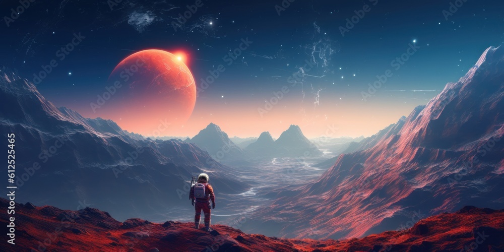 Aufkleber a man standing on top of a mountain with a planet in the background. generative ai image.