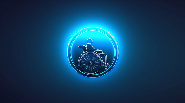 vector illustration of a round icon of a person in a wheelchair in shades of blue, generated by AI