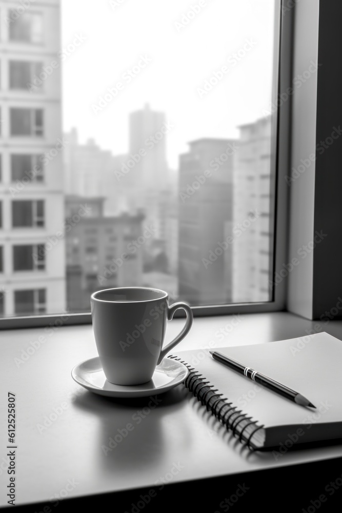 Poster a cup of coffee and a notebook on a window sill. generative ai image.