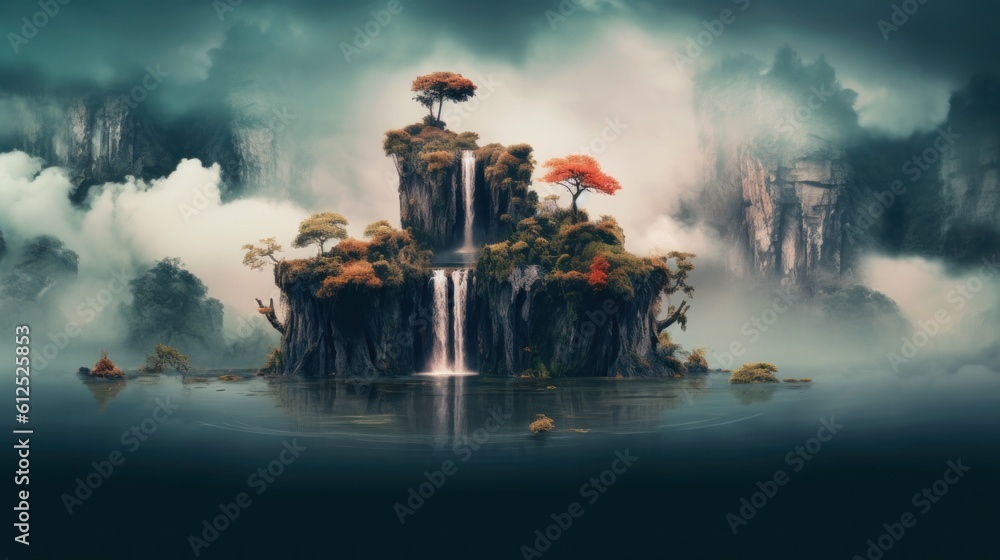 Aufkleber a waterfall in the middle of a lake surrounded by trees. generative ai image.