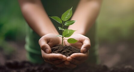 little hands with plant in their hands on white background with green leaf generative AI