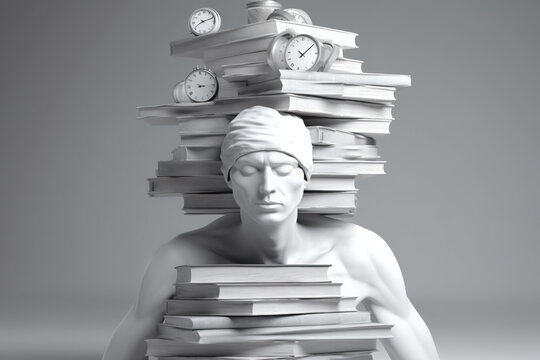 A statue of a man with a pile of books on his head. Generative AI.