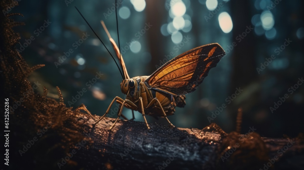 Poster a close up of a butterfly on a tree branch. generative ai image.