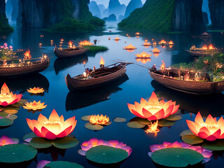 Fototapeta premium Colorful flower of a boat in the water with mountain background, generative AI