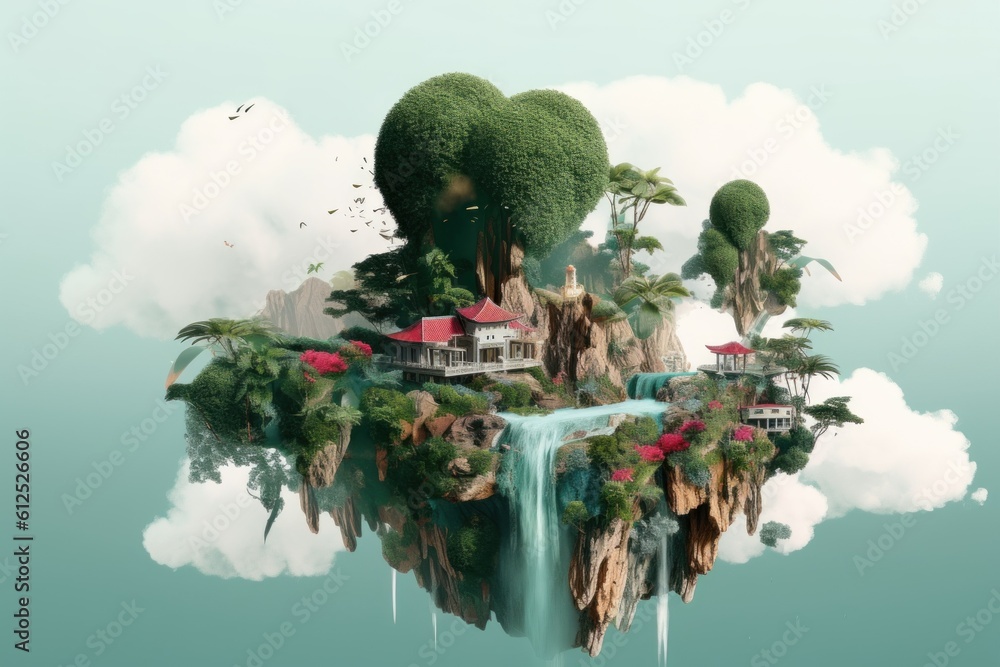 Poster a floating island with a waterfall and a house. generative ai image.