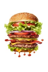 Floating burger isolated on white background. Ingredients of a delicious burger with ground beef patty, lettuce, bacon, onions, tomatoes and cucumbers | Generative AI 
