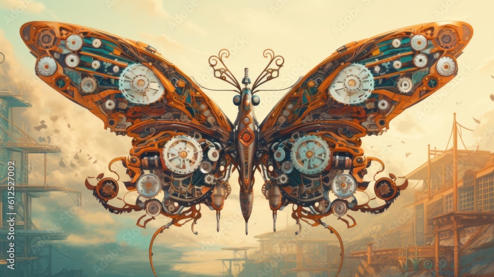 Poster a painting of a butterfly with gears attached to it's wings. generative ai image.