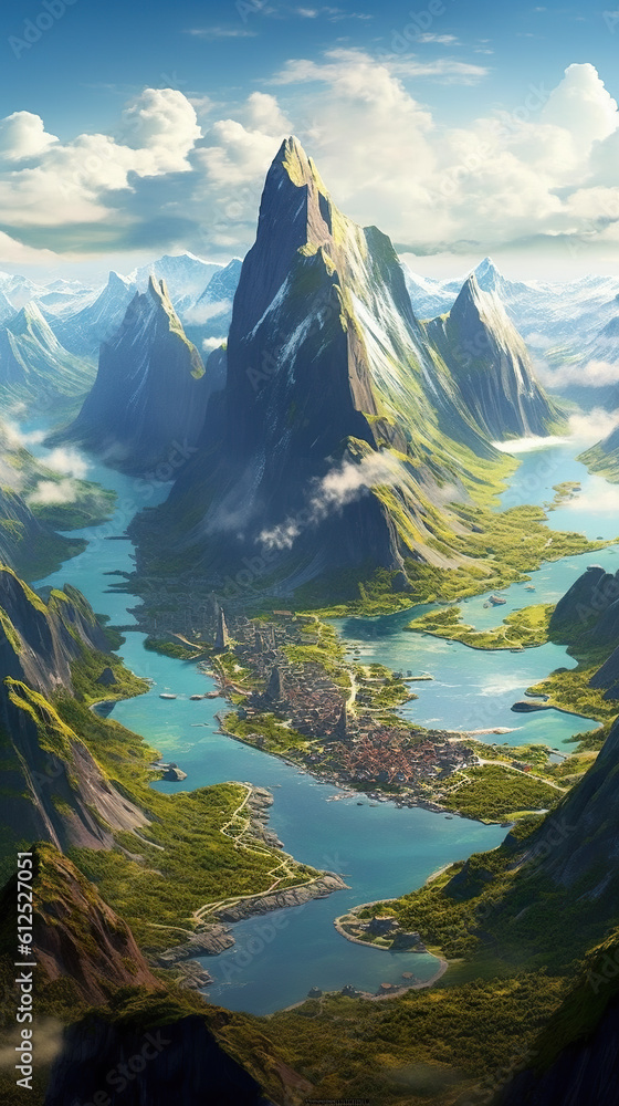 Poster a view of a mountain range with a lake in the foreground. generative ai.