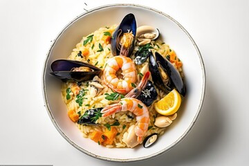 Contemporary-style seafood risotto on a white backdrop. Italian risotto in the frutti di mare style with prawns, mussels, and squid. eating shrimp and rice in the summer. Summertime Generative AI
