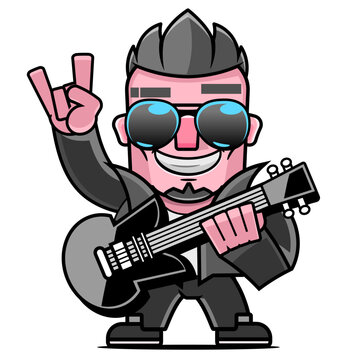 Cartoon emblem of rocker cat playing an electric guitar with retro