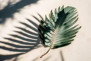 green leaf casting a shadow on a white wall. Generative AI