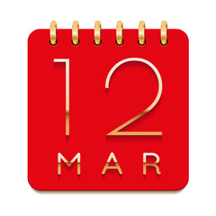 12 day of the month. March. Luxury calendar daily icon. Date day week Sunday, Monday, Tuesday, Wednesday, Thursday, Friday, Saturday. Gold text. Red paper. Vector illustration.