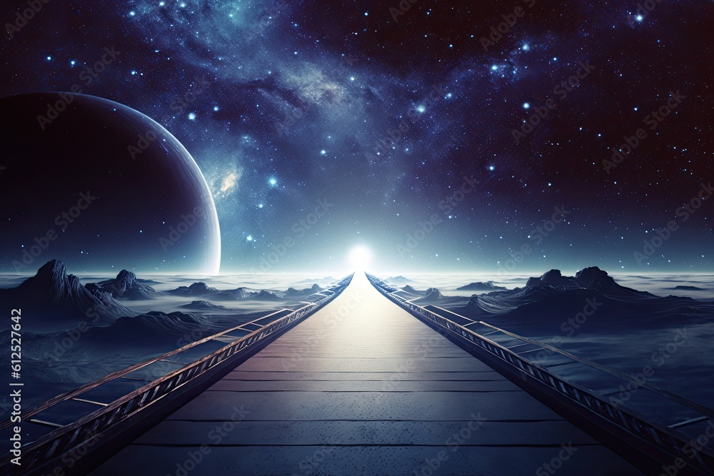 Poster futuristic walkway leading to a distant planet in outer space. generative ai