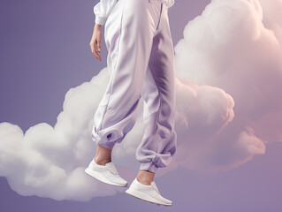 white Capri pants clothes promotional photo beautiful electronic commercial photography , Purple background, studio photo, clean design, pastel colors Generative AI