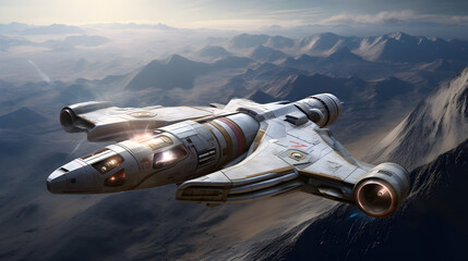 Futuristic spaceship flying over mountains in the desert