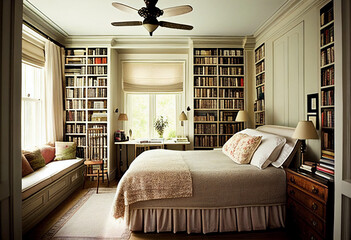 Large bookshelves above the bed. AI Generated