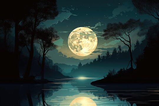 serene lakeside with a full moon shining in the night sky. Generative AI