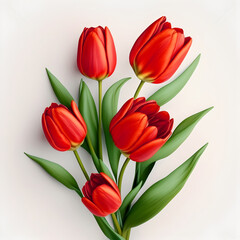 Bouquet of red tulip tulips flower plant with leaves isolated on white background. 3D rendering. Flat lay, top view. macro closeup	
