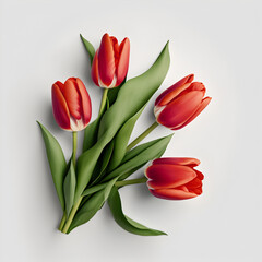 Bouquet of red tulip tulips flower plant with leaves isolated on white background. 3D rendering. Flat lay, top view. macro closeup	
