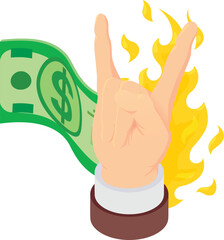 Inflation concept icon isometric vector. Human hand and burning dollar banknote. Money devaluation, loss, inflation
