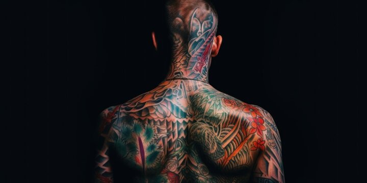 A man with a lot of tattoos on his back. Generative AI image.