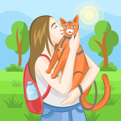 Brown-haired girl with red backpack petting ginger cat in grey pet leash during outside walking in city park with trees, grass and sunny sky - vector illustration