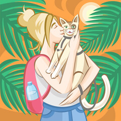 Blonde girl with pink backpack petting blonde cat in grey pet leash during outside walking in tropical landscape with palms leaves and sunset sky - vector illustration