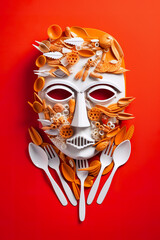 A mask made out of forks and spoons. Generative AI.