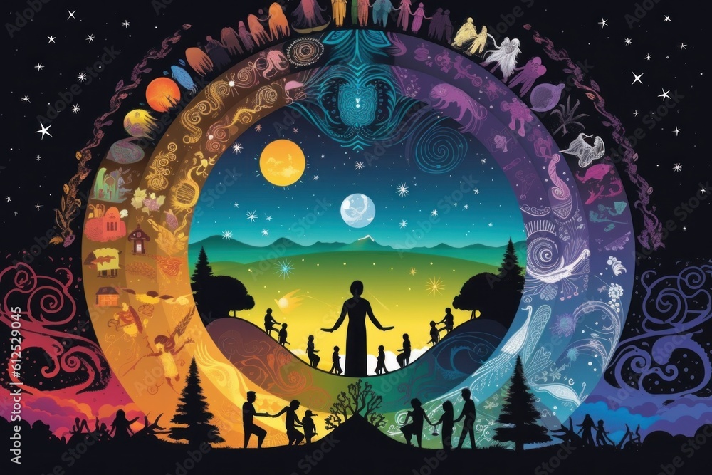 Poster a group of people standing in front of a full moon. generative ai image.