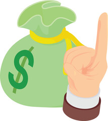Financial literacy icon isometric vector. Hand with index finger up and moneybag. Economy, finance, education